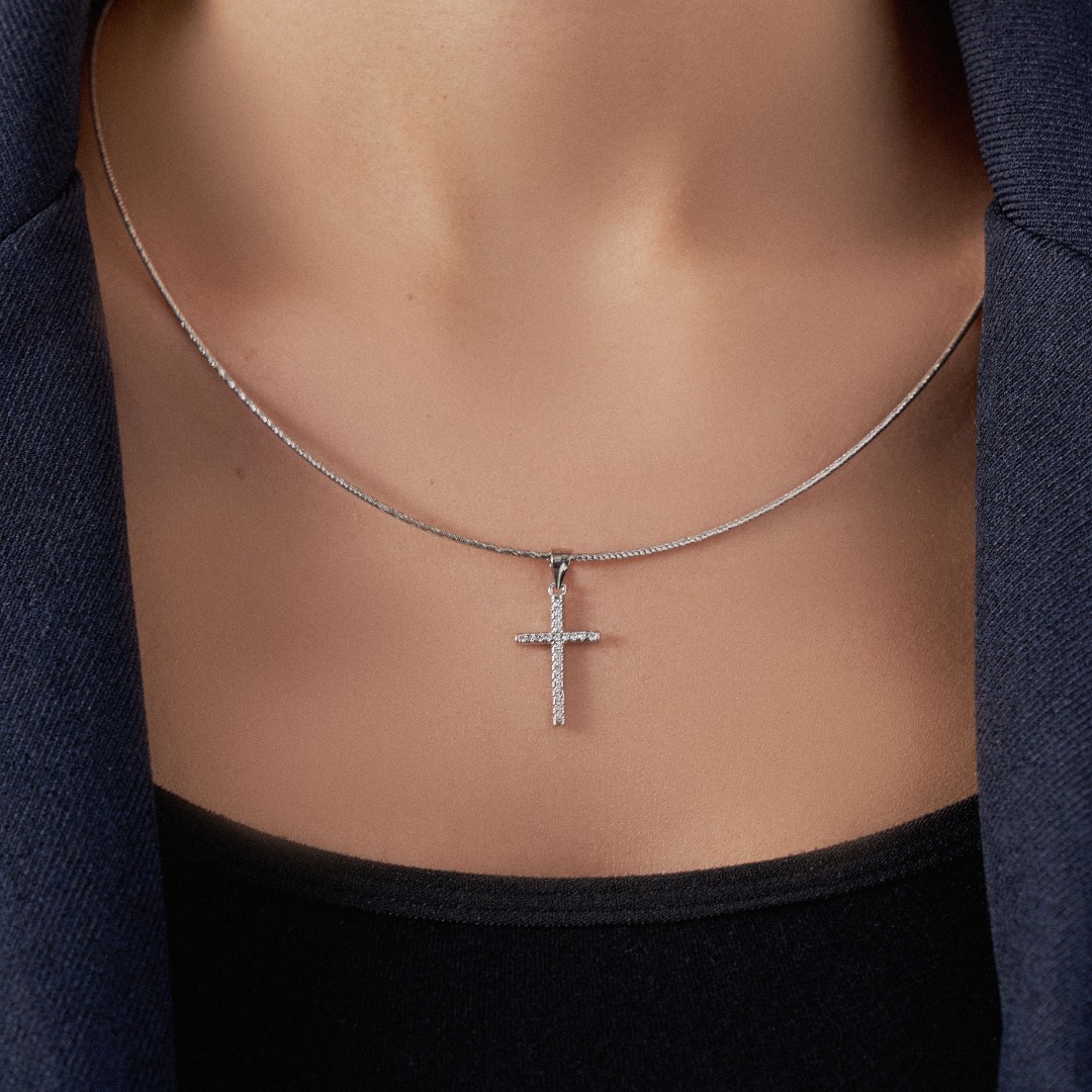 Серебряная подвеска женская Крест,Подвеска,Талисман,Амулет,Оберег,Серебро,с вставкой Цирконий кубический Белая цвета,КИТАЙ