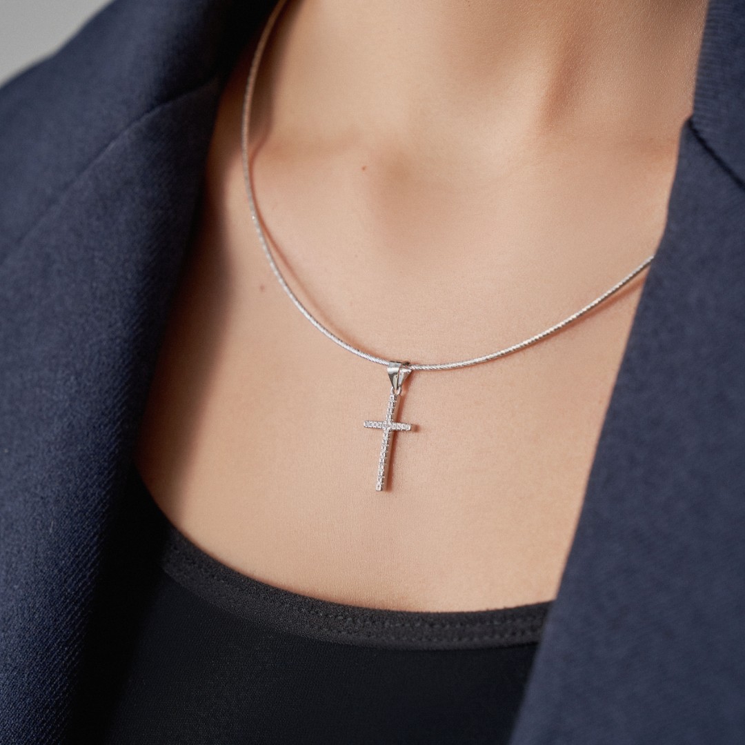 Серебряная подвеска женская Крест,Подвеска,Талисман,Амулет,Оберег,Серебро,с вставкой Цирконий кубический Белая цвета,КИТАЙ