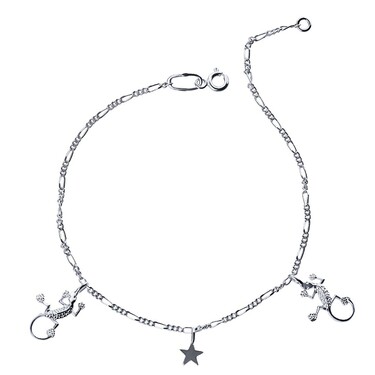 Серебряный анклет женский браслет на ногу с подвесками-ящерками и звездочкой, родий