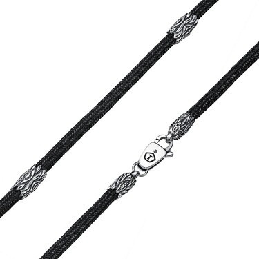 Ювелирный шнурок Гайтан черный, Паракорд, Нейлон 4 мм с серебряными вставками "Лев", Чернение