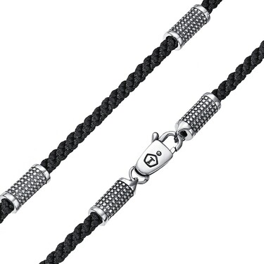 Ювелирный шнурок Гайтан черный, Текстиль 4 мм с серебряными цилиндрическими вставками, Чернение