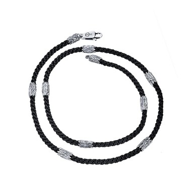 Ювелирный шнурок Гайтан черный, Текстиль 4 мм с серебряными вставками 