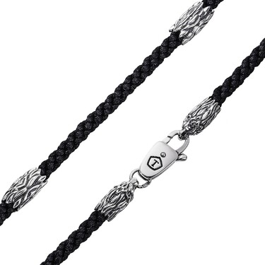 Ювелирный шнурок Гайтан черный, Текстиль 4 мм с серебряными вставками 