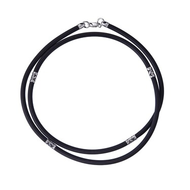 Ювелирный шнурок Гайтан черный, Каучук 3,3 мм с серебряными вставками и замком, Родирование