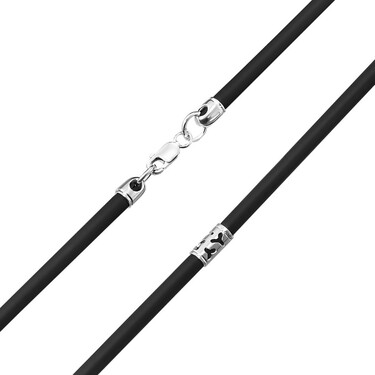 Ювелирный шнурок Гайтан черный, Каучук 3,3 мм с серебряными вставками и замком, Родирование