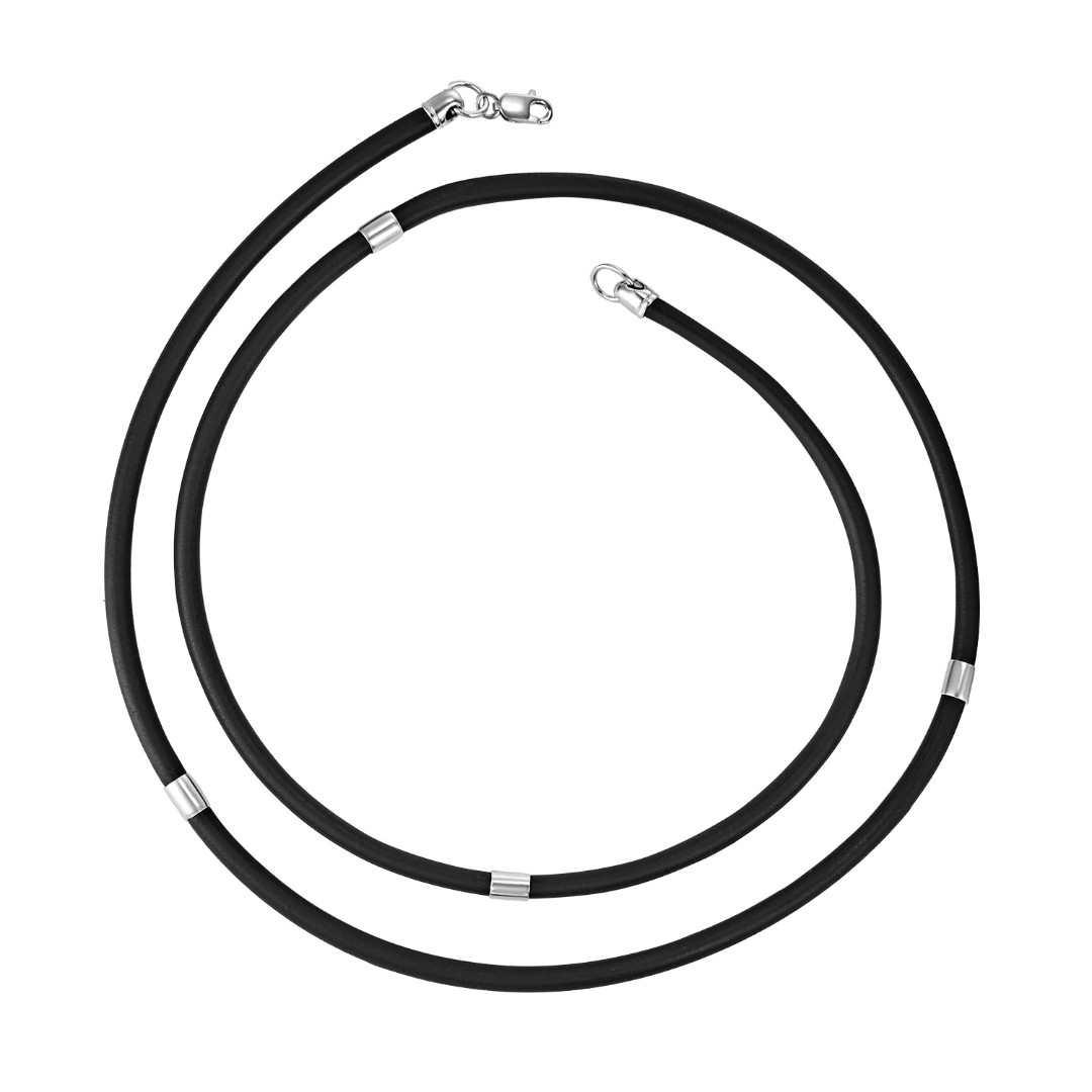 Ювелирный шнурок Гайтан черный, Каучук 3,4 мм с серебряными вставками и замком, Родирование Шнурок,Гайтана,Серебро,Каучук,с вставкой Серебряная вставка Серебряный цвета,с замком Карабинный,РОССИЯ