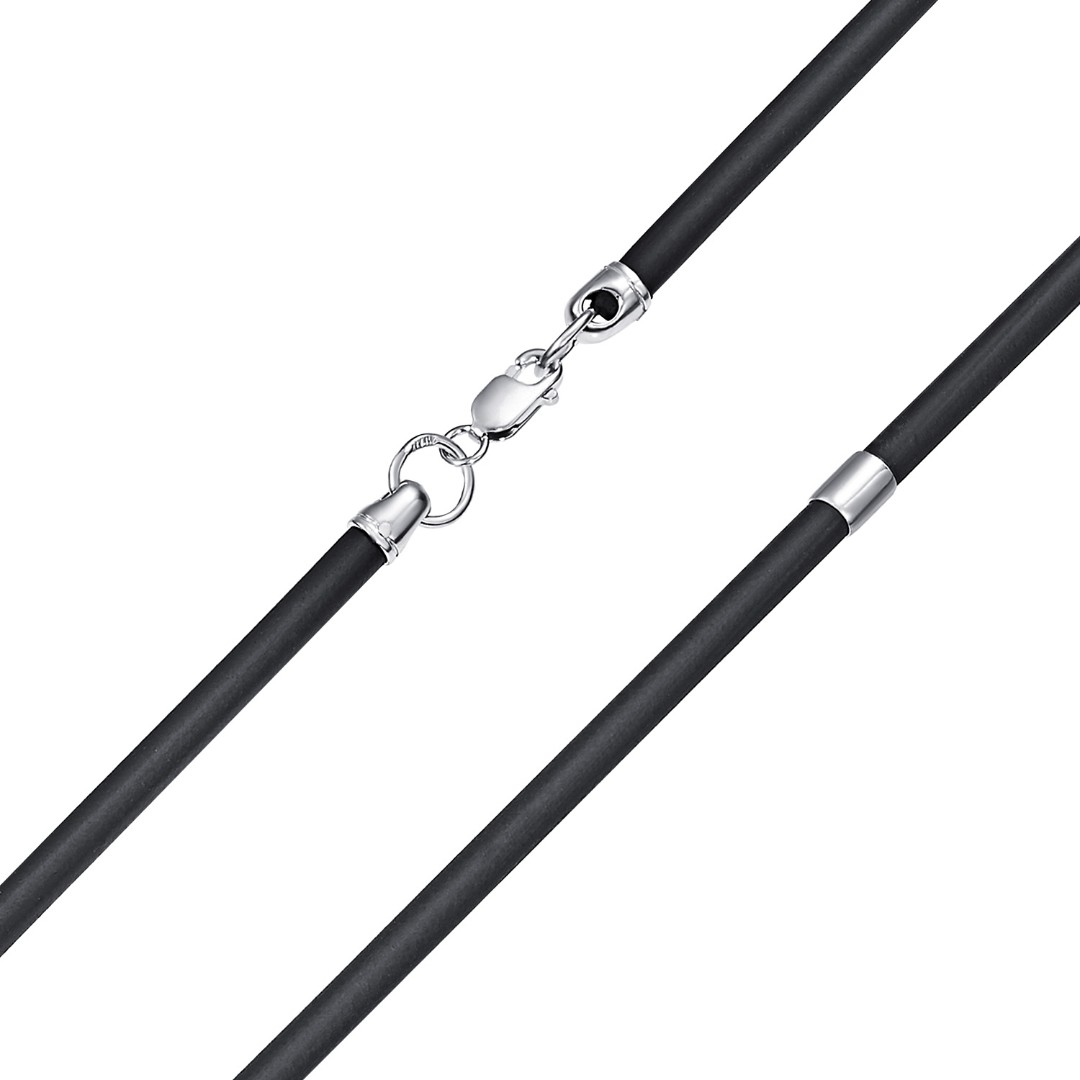 Ювелирный шнурок Гайтан черный, Каучук 3,4 мм с серебряными вставками и замком, Родирование Шнурок,Гайтана,Серебро,Каучук,с вставкой Серебряная вставка Серебряный цвета,с замком Карабинный,РОССИЯ