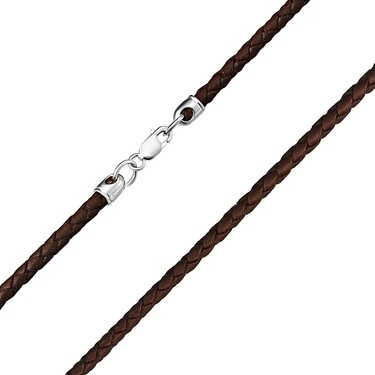 Ювелирный шнурок Гайтан коричневый, Натуральная плетена кожа 2,9 мм с серебряным замком, Родирование