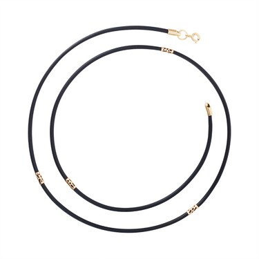 Ювелирный шнурок Гайтан черный, Каучук 2,4 мм с серебряными вставками и замком, Позолота