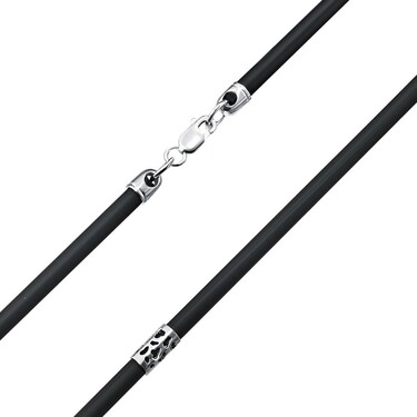 Ювелирный шнурок Гайтан черный, Каучук 3,3 мм с серебряными вставками "Жираф" и замком, Родирование