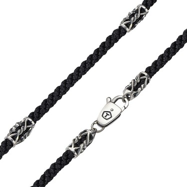 Ювелирный шнурок Гайтан черный, Текстиль 4 мм с серебряными ажурными вставками, Чернение