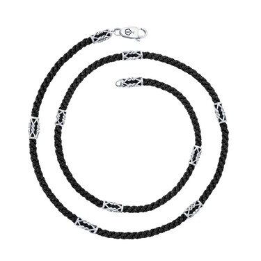 Ювелирный шнурок Гайтан черный, Текстиль 4 мм с серебряными ажурными вставками, Чернение