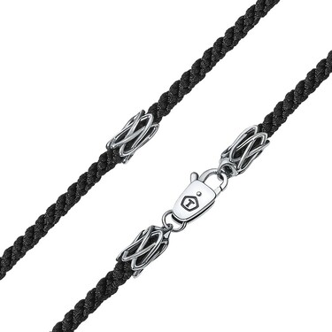 Ювелирный шнурок Гайтан черный, Текстиль 4 мм с серебряным замком "Зигзаг", Чернение
