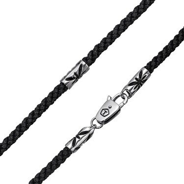 Ювелирный шнурок Гайтан черный, Текстиль 4 мм с серебряным замком "Снежинка", Чернение