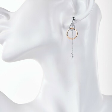 Серебряные серьги с подвесками-кругами и цепочкой, фианит, родий, позолота