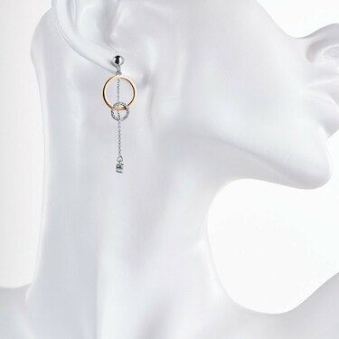 Серебряные серьги с подвесками-кругами и цепочкой, фианит, родий, позолота