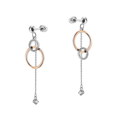 Серебряные серьги с подвесками-кругами и цепочкой, фианит, родий, позолота