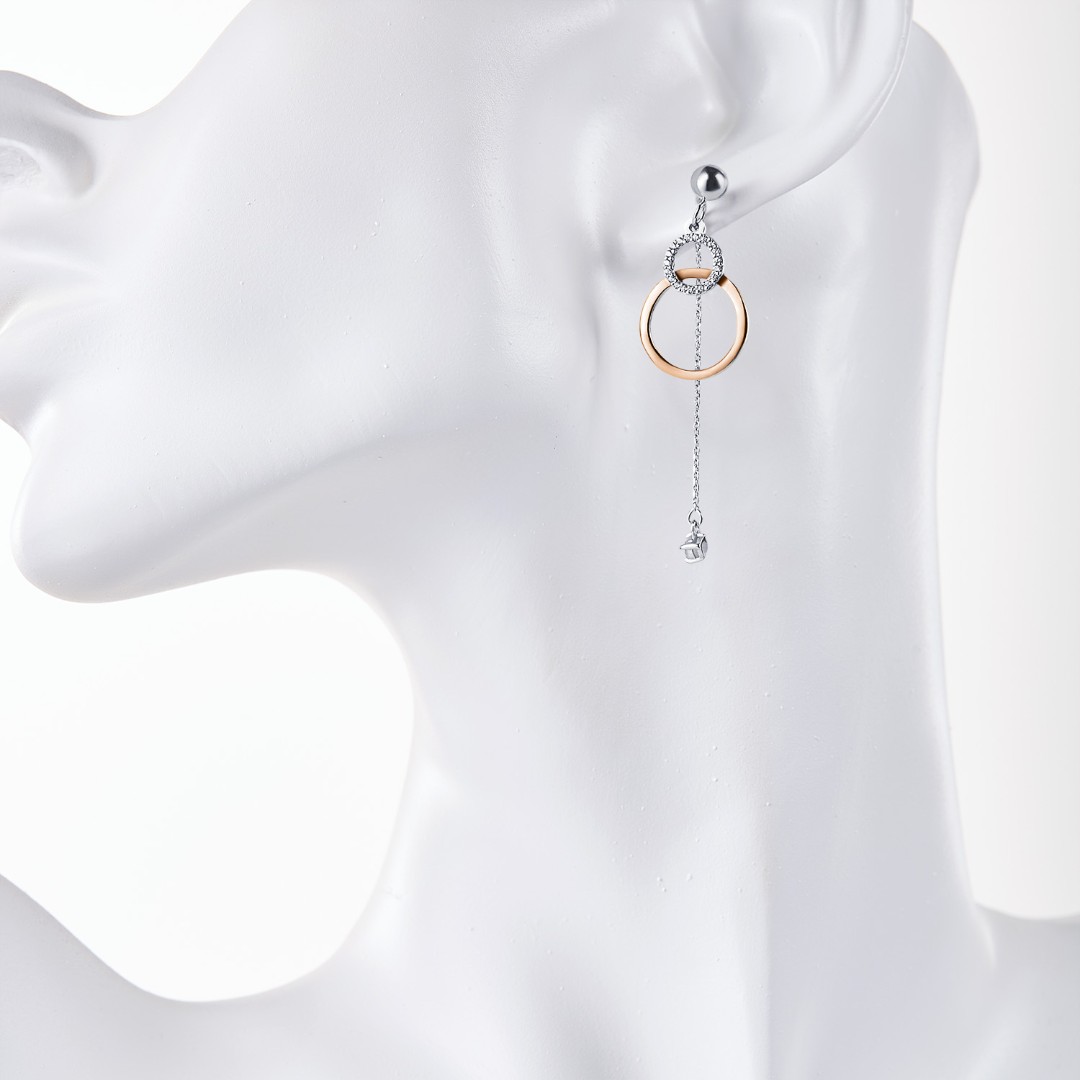 Серебряные серьги с подвесками-кругами и цепочкой, фианит, родий, позолота Серьги,Длинные серьги,Серебро,с вставкой Фианит,с замком Пусет,Винтовой,Штыревой,РОССИЯ