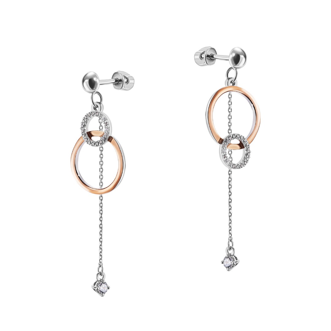 Серебряные серьги с подвесками-кругами и цепочкой, фианит, родий, позолота Серьги,Длинные серьги,Серебро,с вставкой Фианит,с замком Пусет,Винтовой,Штыревой,РОССИЯ