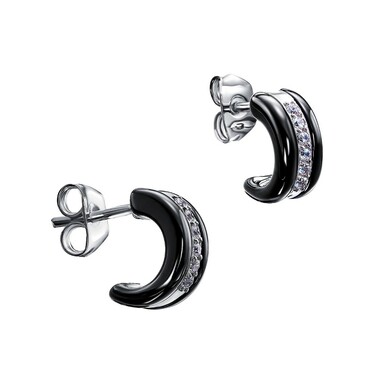 Серебряные серьги / Пусеты / Гвоздики с черной керамикой и белыми фианитами, в родии