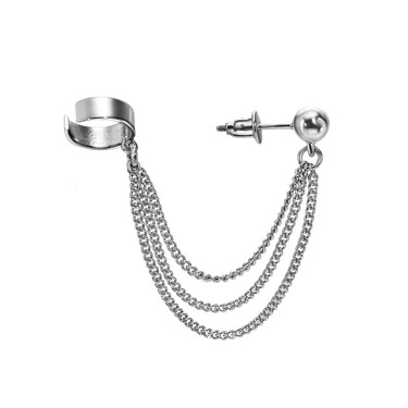 Серебряная серьга-каффа на ухо кольцо с тремя цепочками и гвоздиком, родий