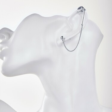 Серебряная серьга-каффа на ухо кольцо с цепочкой и гвоздиком, родий