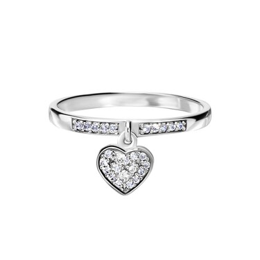 Серебряное женское кольцо Дорожки с камнями фианитами, подвижной подвеской "Сердце", родий