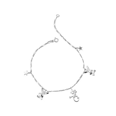 Серебряный анклет женский браслет на ногу с подвесками-звездочками, плейбоями и ящеркой,родий