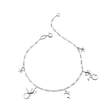 Серебряный анклет женский браслет на ногу с подвесками- звездочками, ящерками и дельфином, родий