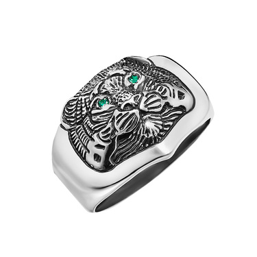 Печатка серебряная с фианитами, голова тигра, чернение