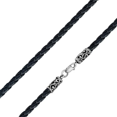 Ювелирный шнурок Гайтан черный, Экокожа плетеная 4 мм с серебряным замком, Родирование