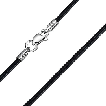 Ювелирный шнурок Гайтан черный, Натуральная кожа 2 мм с серебряным замком, Родирование