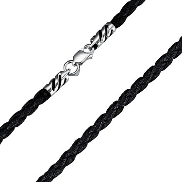 Ювелирный шнурок Гайтан черный, Экокожа плетеная 3,5 мм с серебряным замком, Родирование