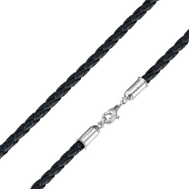 Ювелирный шнурок Гайтан черный, Плетеная Экокожа 4 мм с серебряным замком, Родирование