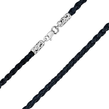Ювелирный шнурок Гайтан черный, Экокожа плетеная 3 мм с серебряным замком, Родирование