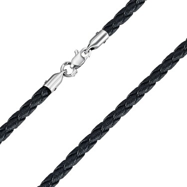 Ювелирный шнурок Гайтан черный, Плетеная Экокожа 3,5 мм с серебряным замком, Родирование