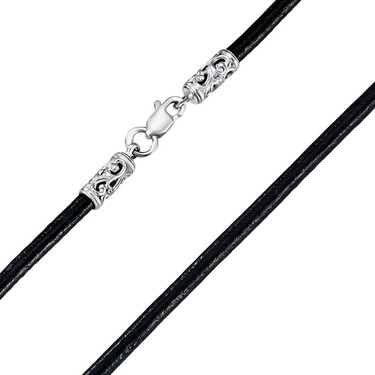 Ювелирный шнурок Гайтан черный, Натуральная кожа 3 мм с серебряным ажурным замком, Родирование