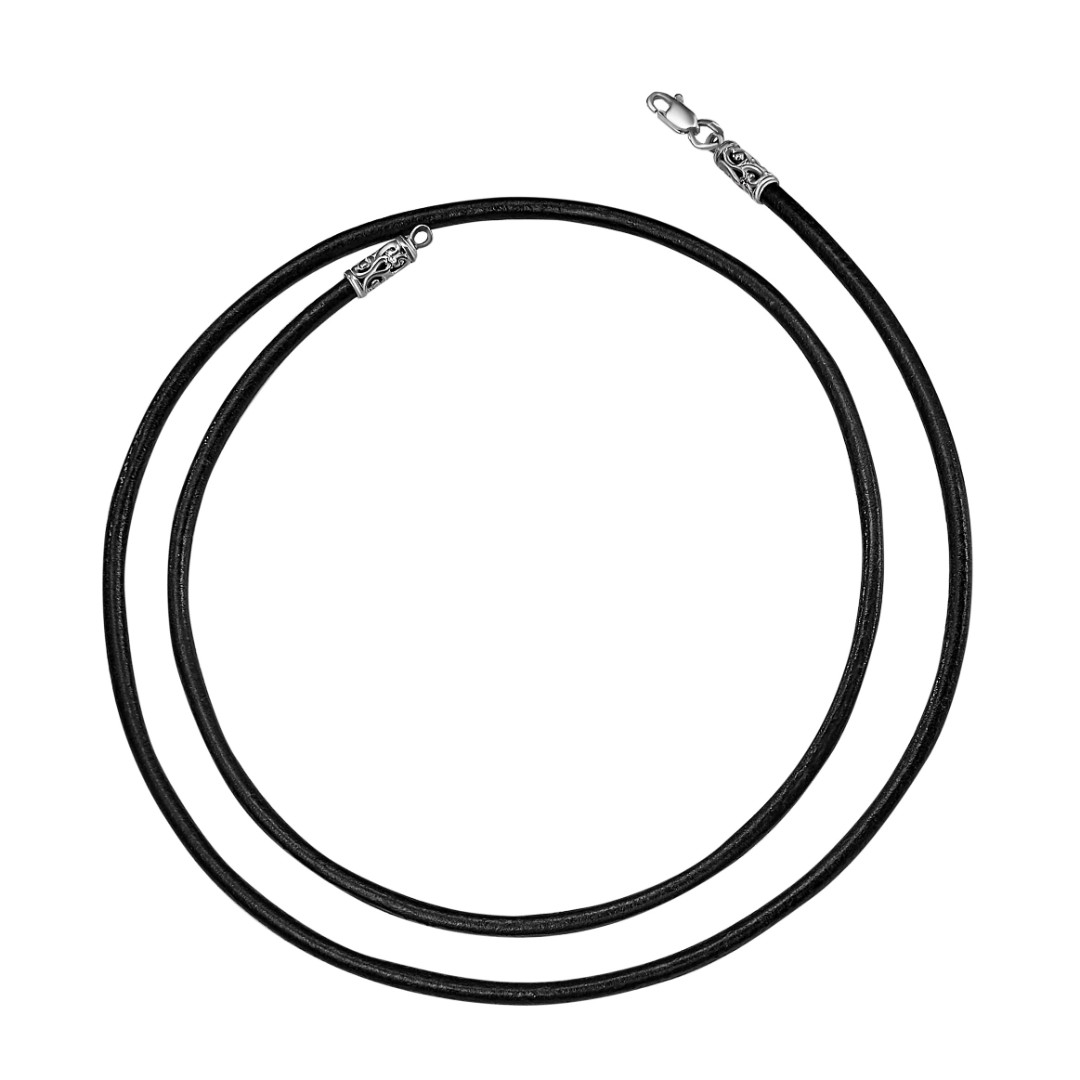 Ювелирный шнурок Гайтан черный, Натуральная кожа 3 мм с серебряным ажурным замком, Родирование Шнурок,Гайтана,Серебро,Натуральная кожа,с вставкой Без вставок,с замком Карабинный,РОССИЯ