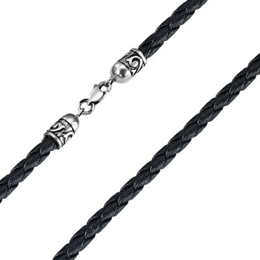 Ювелирный шнурок Гайтан черный, Экокожа плетеная 4 мм с серебряным замком, Чернение