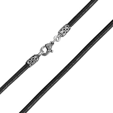 Ювелирный шнурок Гайтан черный, Натуральная кожа 3 мм с серебряным ажурным замком, Чернение