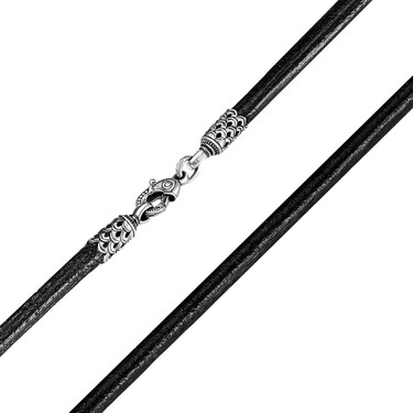Ювелирный шнурок Гайтан черный, Натуральная кожа 4 мм с серебряным ажурным замком, Чернение