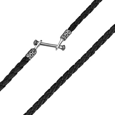 Ювелирный шнурок Гайтан черный, Экокожа плетеная 4 мм с серебр. переходником для подвески, Чернение