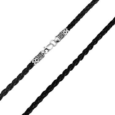 Ювелирный шнурок Гайтан черный, Экокожа плетеная 3 мм с серебряным замком с молитвой, Чернение