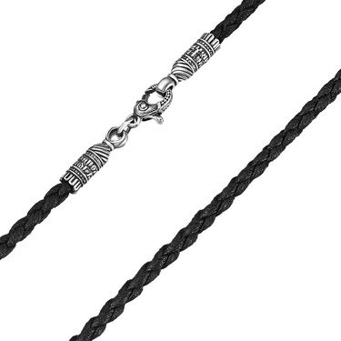 Ювелирный шнурок Гайтан черный, Экокожа 3 мм с серебряным замком "Господи, помилуй", Чернение