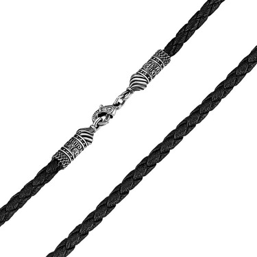 Ювелирный шнурок Гайтан черный, Экокожа 4 мм с серебряным замком "Господи, помилуй", Чернение