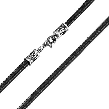 Ювелирный шнурок Гайтан черный, Натуральная кожа 4 мм с серебряным замком "Пламя", Чернение