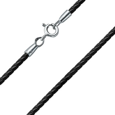 Ювелирный шнурок Гайтан черный, Натуральная кожа 3 мм с серебряным замком, Родирование