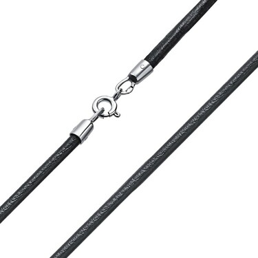Ювелирный шнурок Гайтан черный, Натуральная кожа 3 мм с серебряным замком, Родирование