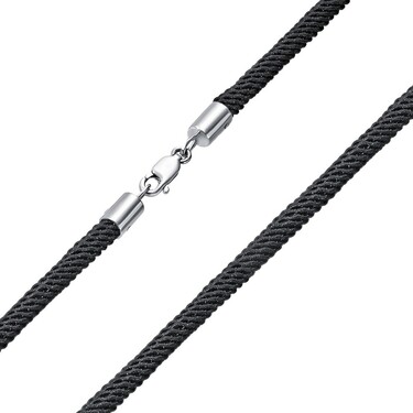 Ювелирный шнурок Гайтан черный, Текстиль 4 мм с серебряным замком, Родирование