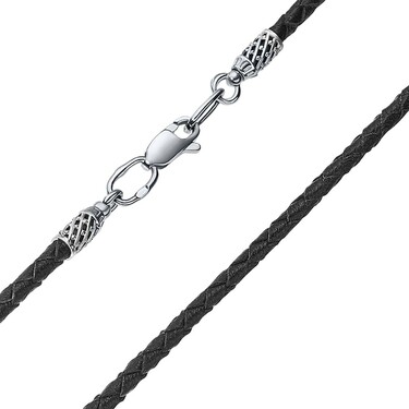 Ювелирный шнурок Гайтан черный, Натуральная плетеная кожа 2,7 мм с серебряным замком, Родирование